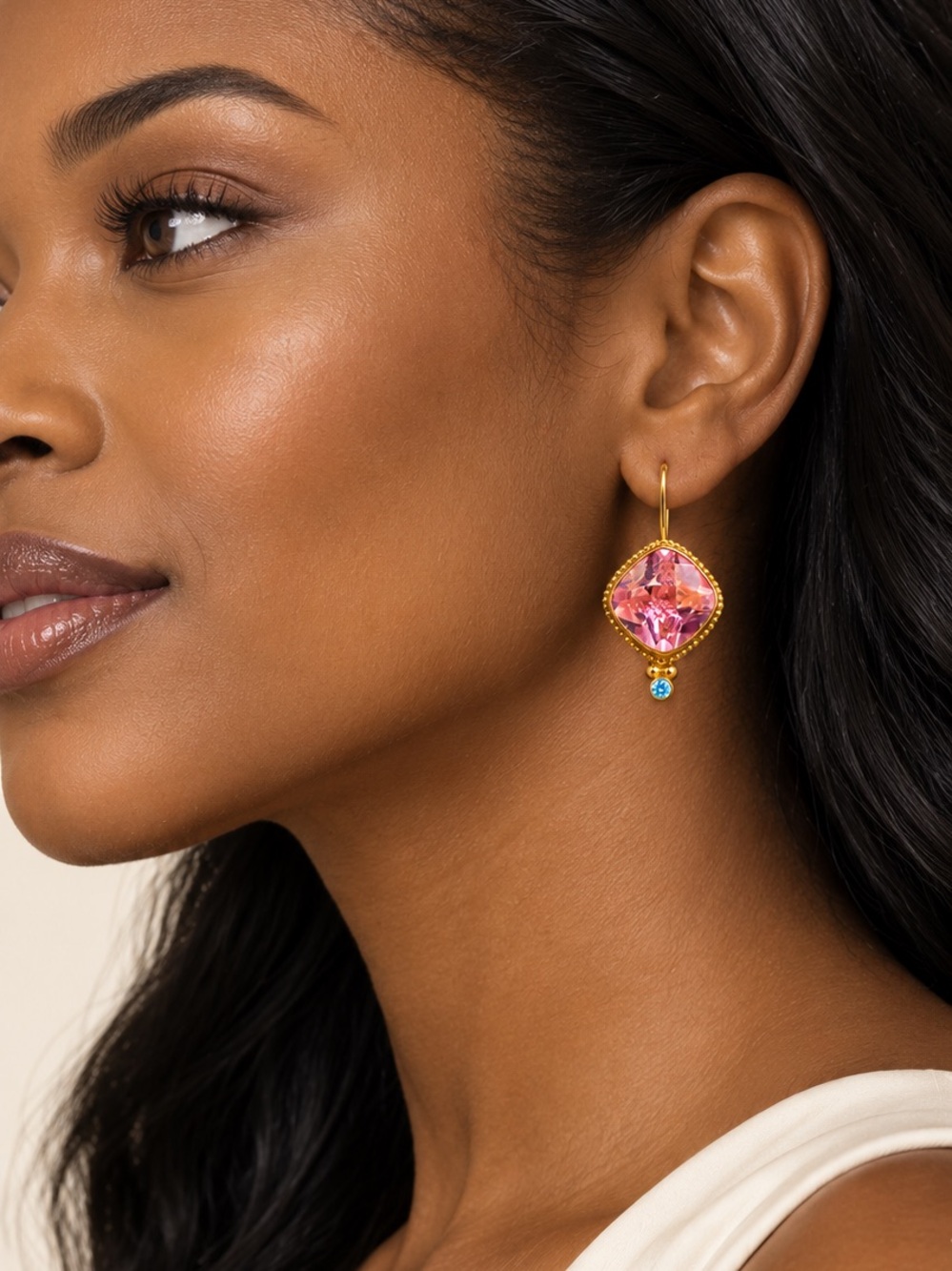 Gold Pink Crystal Drop Earrings